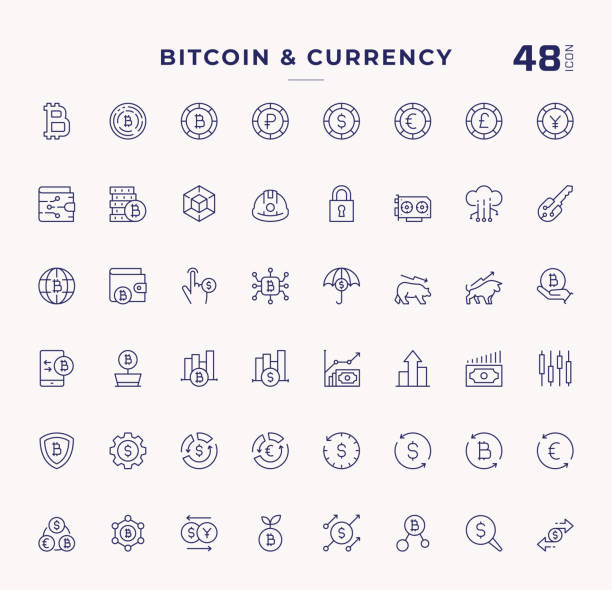 ilustrações, clipart, desenhos animados e ícones de ícones da linha de traçado editável do bitcoin e da criptomoeda - exchange rate