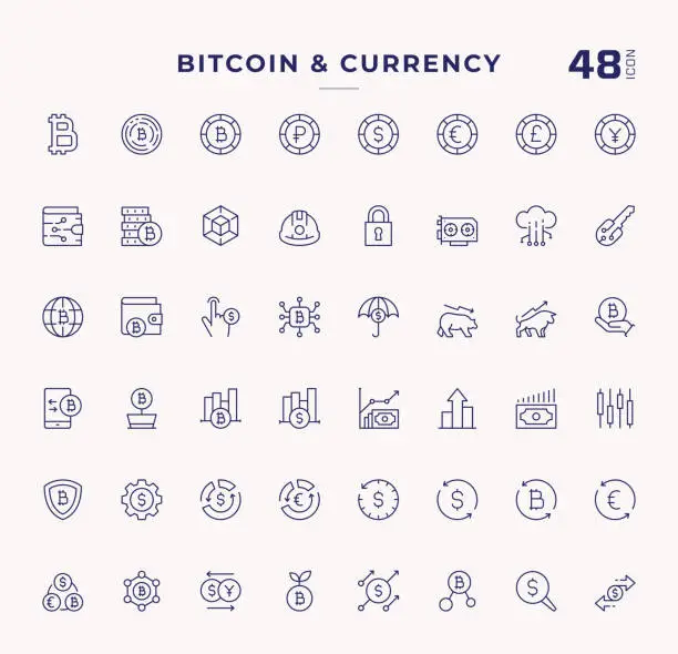 Vector illustration of Bitcoin And Cryptocurrency Editable Stroke Line Icons