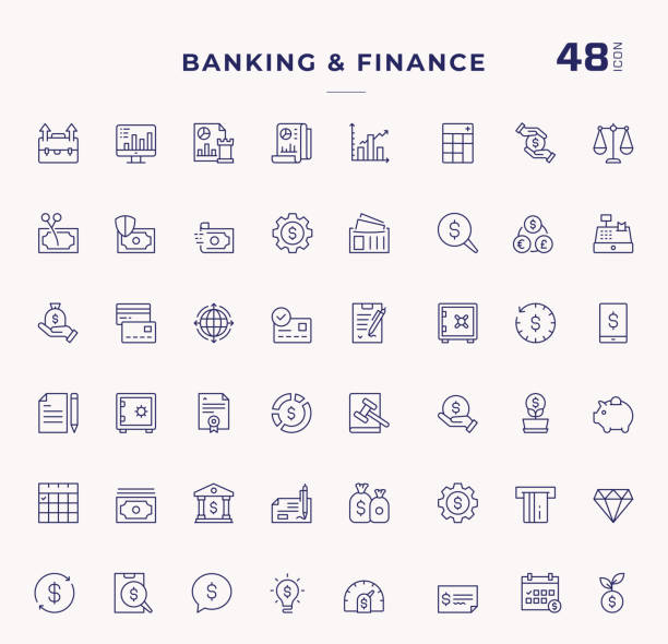 bearbeitbare strichliniensymbole für banken und finanzen - bank stock-grafiken, -clipart, -cartoons und -symbole