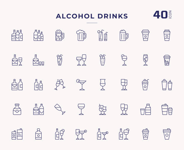 алкогольные напитки редактируемые значки линий штриха - whisky alcohol glass party stock illustrations