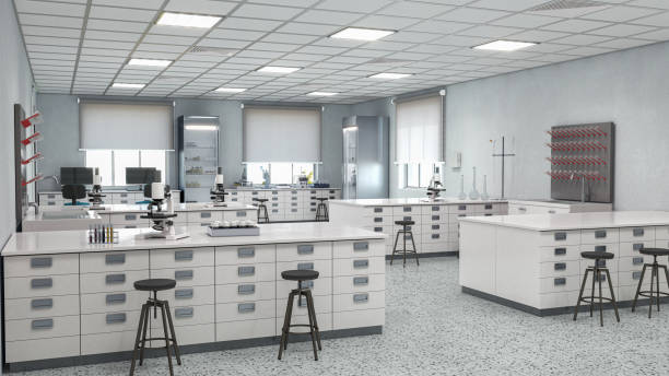 istock Laboratory workplace interior with blurred background. 3d illustration 1389784371