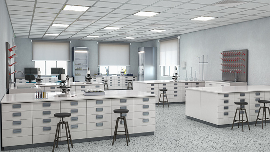 Laboratory workplace interior with blurred background. 3d illustration