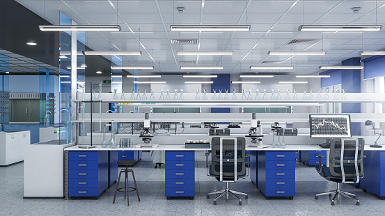 Spacious and bright laboratory interior. 3d illustration