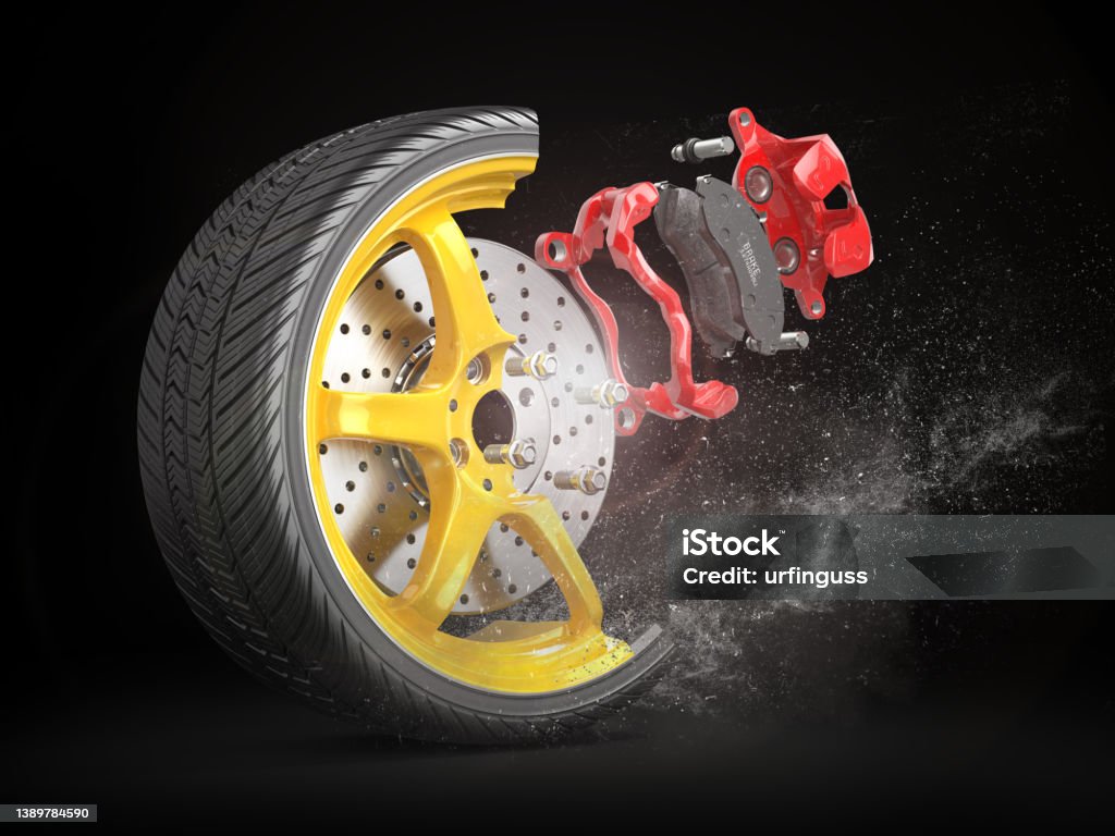 Wheel structure. Car wheel with brake isolated on a dark background. 3d illustration Brake Stock Photo