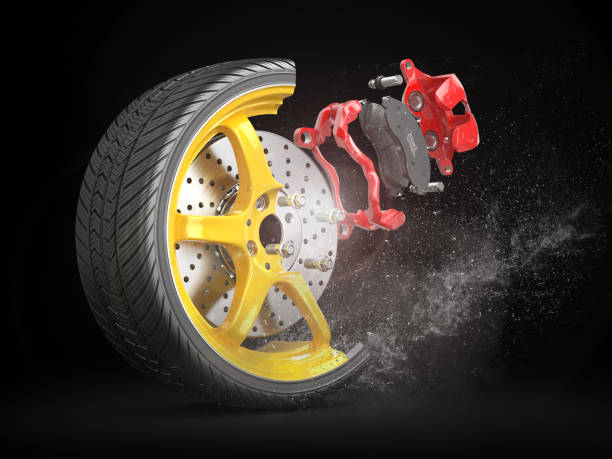 Wheel structure. Car wheel with brake isolated on a dark background. 3d illustration stock photo