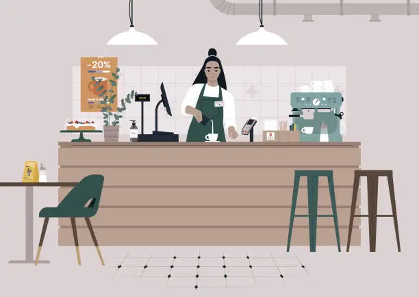 Vector illustration of A young female Asian character serving coffee at the coffeeshop counter, morning rituals and modern lifestyle