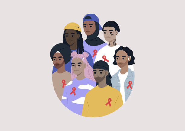 illustrazioni stock, clip art, cartoni animati e icone di tendenza di gruppo di supporto per l'hiv e l'aids, personaggi che indossano nastri rossi - aids