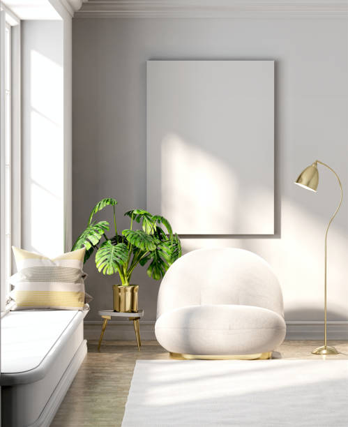 istock 3d rendering golden sofa and lamp in white room with photo frame 1389790514