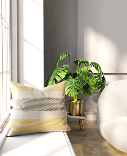 istock 3d rendering couch pillow in white room with plant 1389790529