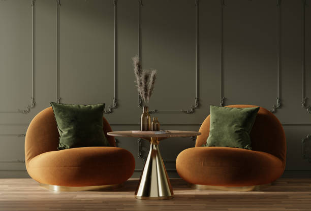 istock Modern dark green home interior with brown couch and table, 3d render 1389790556