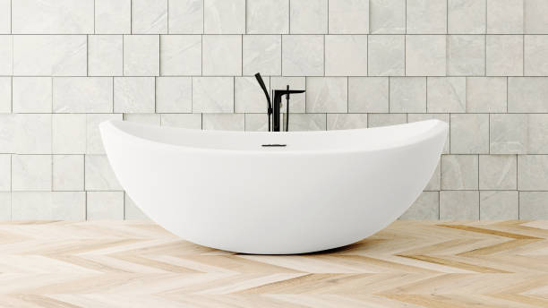 istock Luxurious Modern Bathroom interior design, white bathtub on white clean wall, 3d render 1389791154
