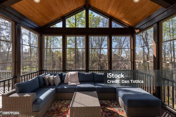 Contemporary Porch Enclosure In Springtime Stock Photo - Download Image Now - Conservatory - Sun Room, Patio, Porch