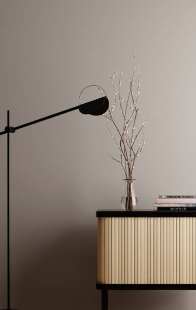 istock 3d rendering scandinavian interior with table and chair from black wood and grey wall 1389791280