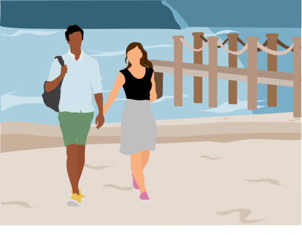 ilustraciones, imágenes clip art, dibujos animados e iconos de stock de pareja joven de moda caminando en una playa a lo largo del agua - young women women white background real people