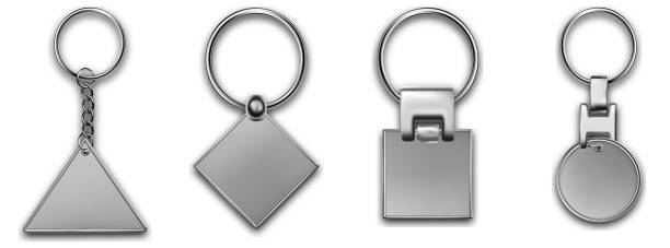 istock Metal keyring with different chain, leather keychain, holder trinket for key with metal ring. Silver colored accessories. Realistic template metal keychain set. Blank accessory for corporate identity. 1389809520