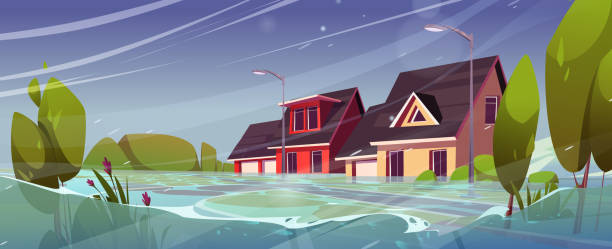 Flood in town, natural disaster with rain storm Flood in town, natural disaster with rain and storm at countryside area with flooded buildings. River water stream flow at city street with cottage houses, climate change Cartoon vector illustration flooded home stock illustrations