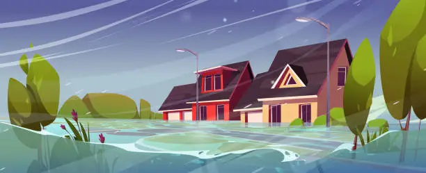 Vector illustration of Flood in town, natural disaster with rain storm