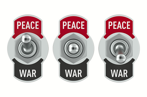 Select between peace and war. Toggle switch on white background. Isolated 3D illustration