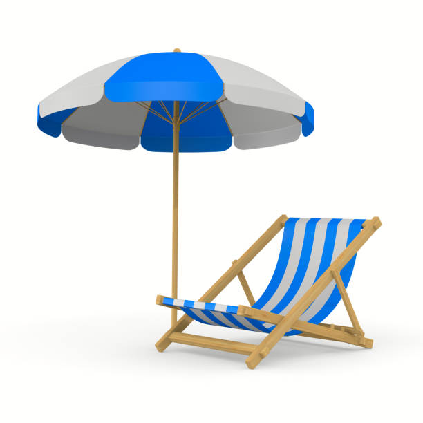 istock beach umbrella and deckchair on white background. Isolated 3D illustration 1389816384