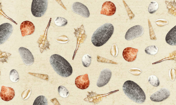 istock Seamless pattern with different seashells and sea stones on beige 1389818362