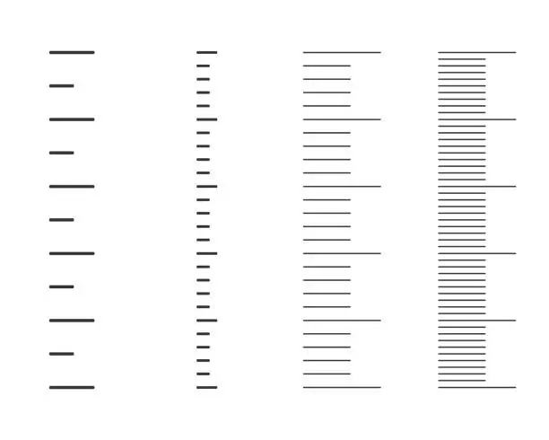 Vector illustration of Vertical stadiometer, height chart or meteorological thermometer scales set. Different templates for measuring tools