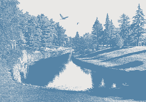 Vector illustration of a Treelined public park and stream and Blue Heron