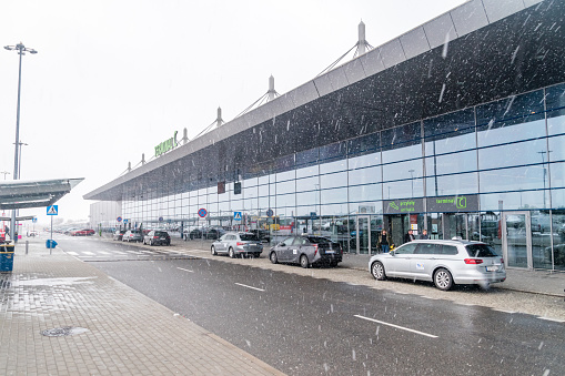 Ozarowice, Poland - April 1, 2022: Katowice Airport during snowfall.