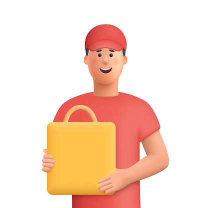 Delivery courier man in red uniform with shopping bag. Safe delivery of goods concept. concept. 3d vector people character illustration. Cartoon minimal style.