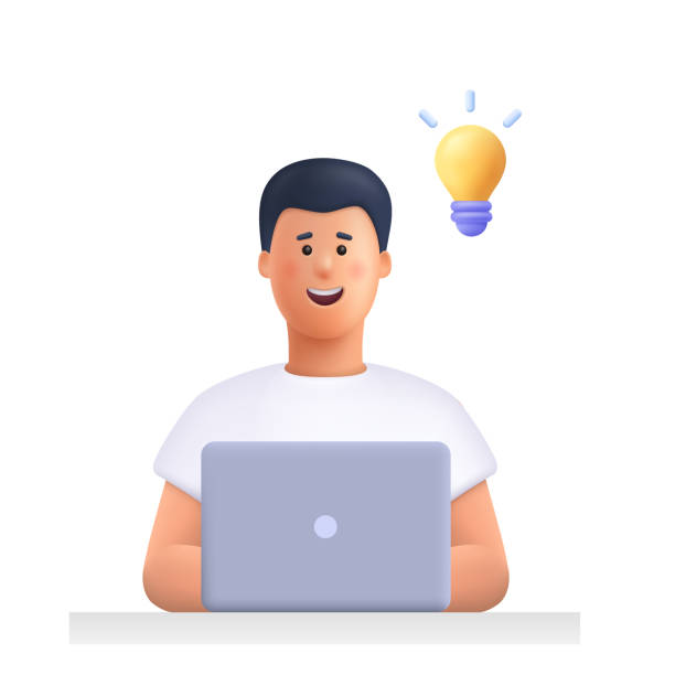 ilustraciones, imágenes clip art, dibujos animados e iconos de stock de joven trabajando en la computadora portátil y teniendo una idea. trabajo freelance, creatividad innovación y concepto de idea de negocio. ilustración de personajes de personas vectoriales en 3d. estilo minimalista de dibujos animados. - personaje