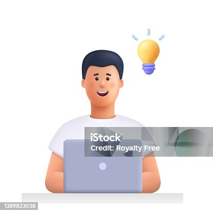 istock Young man working on the laptop computer and having a idea. Freelance job, creativity innovation and business idea concept. 3d vector people character illustration. Cartoon minimal style. 1389823038