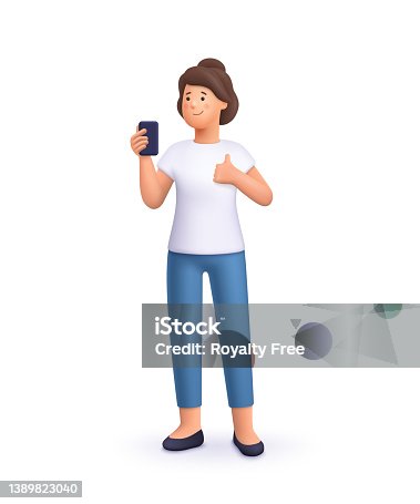 istock Young smiling woman taking selfie with phone and making thumbs up gesture sign. 3d vector people character illustration. Cartoon minimal style. 1389823040