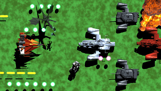 2D spaceships fighting on a green background. Two-dimensional computer games, which started to become popular in the 80s and 90s, are considered retro style today and maintain their popularity somewhat. / You can see the animation movie of this image from my iStock video portfolio. Video number: 1389361705