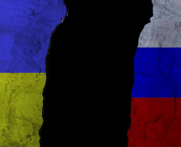 istock The flag of Russia and Ukraine with a deep break between them. 1389827678