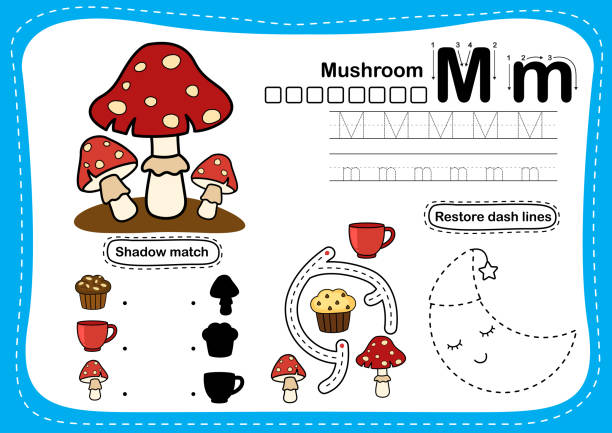 알파벳 문자 m - 만화 어휘 일러스트, 벡터버섯 운동 - book sheet student for stock illustrations