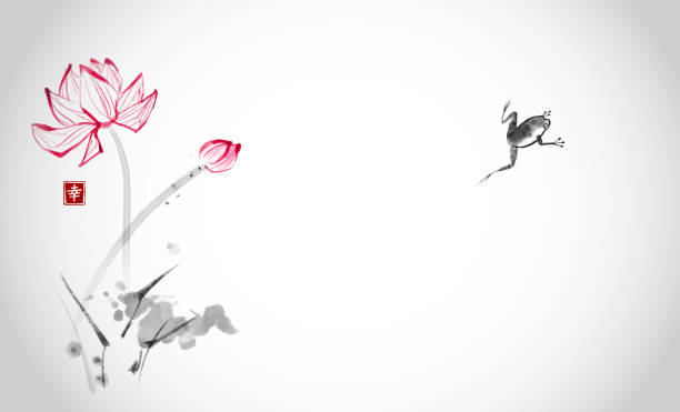 Jumping frog and lotus flowers on white background. Traditional oriental ink painting sumi-e, u-sin, go-hua. Hieroglyph - happiness. Jumping frog and lotus flowers on white background. Traditional oriental ink painting sumi-e, u-sin, go-hua. Hieroglyph - happiness chinese frog stock illustrations
