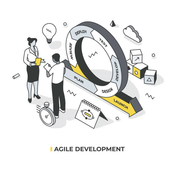 stockillustraties, clipart, cartoons en iconen met agile development isometric scene - scrum