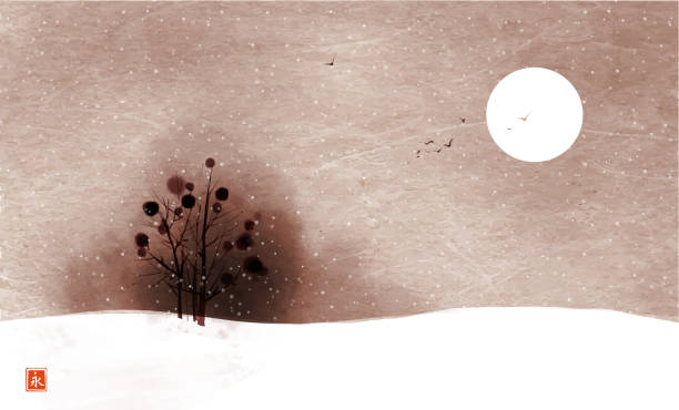 istock Landscape with snowfall and tree in snow covered field on vintage rice paper background. Traditional oriental ink painting sumi-e, u-sin, go-hua. Translation of hieroglyph - eternity. 1389830808