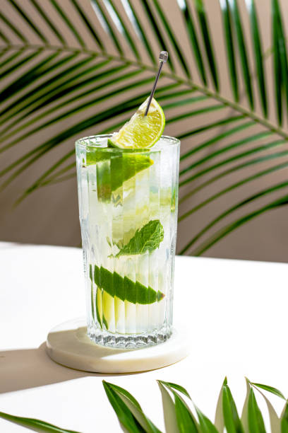 istock cold Mojito cocktail with rum, lime, ice cubes and mint. Tropical palm leaf shadow. Sunlight and shadow background. beidge minimal 1389831750