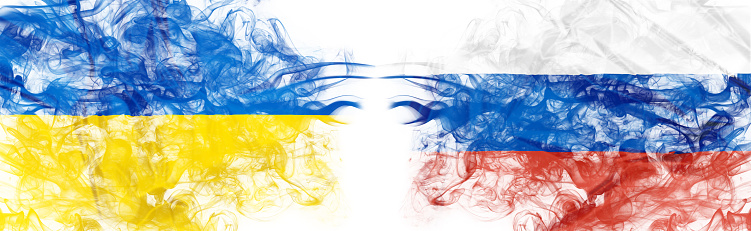 Ukraine and Russian flag in smoke on white background. Concept of conflict of Ukraine VS Russia. International commercial tension and war in Europe. 3D illustration