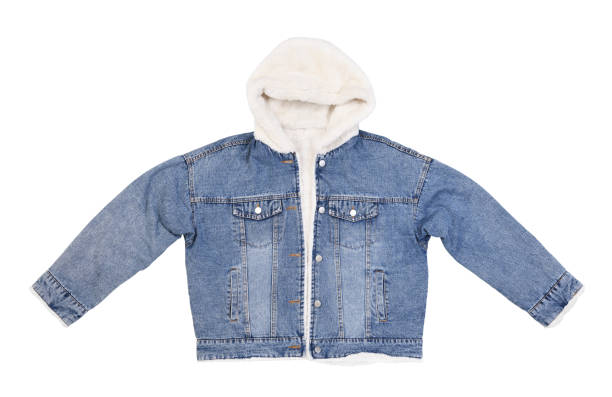 istock Beautiful women's blue denim jacket with white fur lining isolated on white background. 1389831927