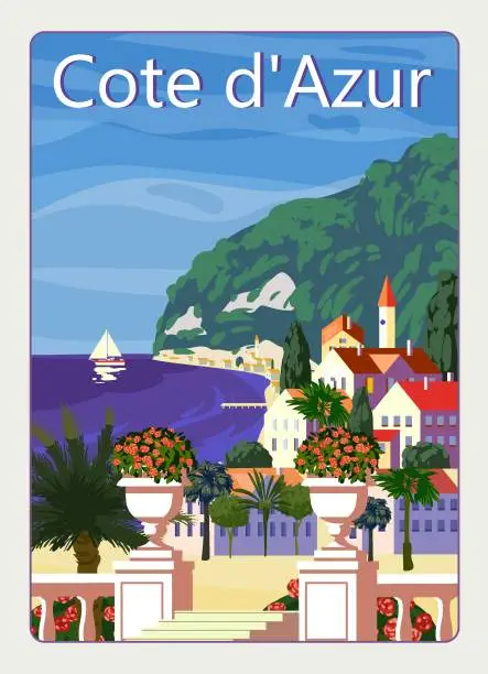 Vector illustration of Cote de l'azur French Riviera coast poster vintage. Resort, coast, sea, beach. Retro style illustration vector