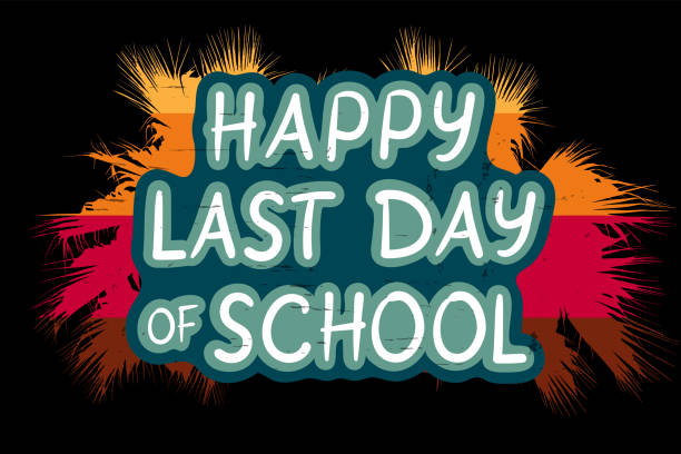 Happy Last Day of School banner on black background. Text on the background of the outline of tropical palm leaves, vector. End of school year vintage concept. teacher appreciation week stock illustrations
