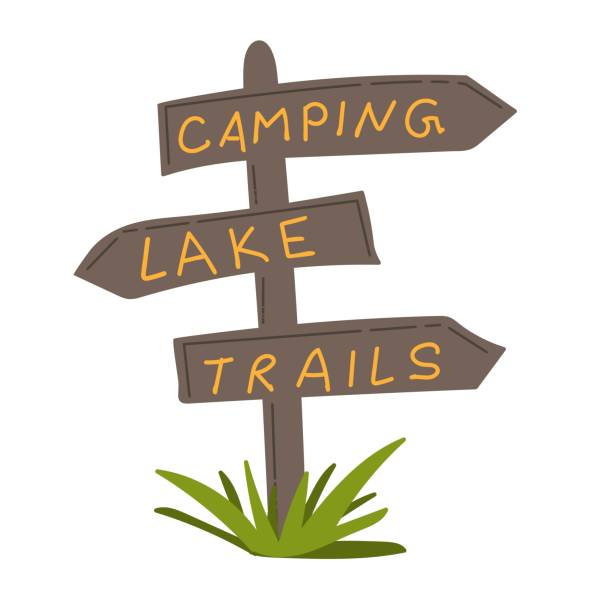 Hand drawn signpost sign.  Various travel signs - camping, lake and trails. Vector illustration. Hand drawn signpost sign.  Various travel signs - camping, lake and trails. Vector illustration. street post stock illustrations