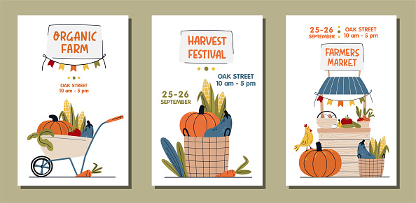 istock Set of Farmers Market, Organic Farm, Harvest Festival banner or poster. Wheelbarrow, stall and basket with seasonal vegetables. Buy fresh organic products from the local farmers market. Eat Local 1389835570