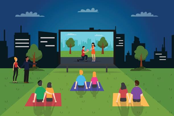 Crowded people enjoying outdoors cinema Entertainment vector concept. Crowded people enjoying outdoors cinema while watching together at the park movie-theater-exterior stock illustrations