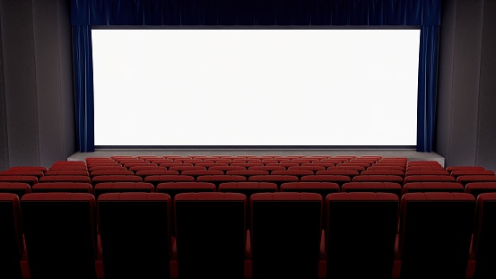 An empty blue tint movie theater mock up, cinema screen template, white large screen, red chairs, no people