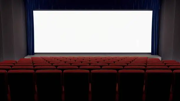 An empty blue tint movie theater mock up, cinema screen template, white large screen, red chairs, no people