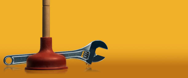 istock Red Rubber Plunger with Wooden Handle and Stainless Steel Adjustable Wrench 1389836588