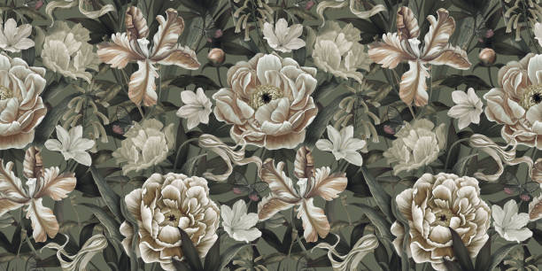 istock Vintage floral pattern with peonies, tulips, buds, flowers, butterflies. Botanical seamless wallpaper. Hand drawn realistic design for fabric, paper, packaging, postcards, backgrounds 1389839125