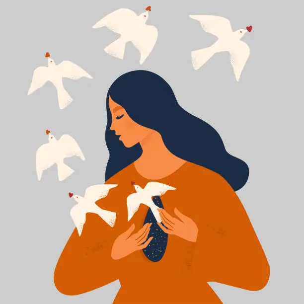 Vector illustration of The girl frees the birds from her chest. The psychological concept of mental health, manipulation or dependence. Vector illustration 
flat style